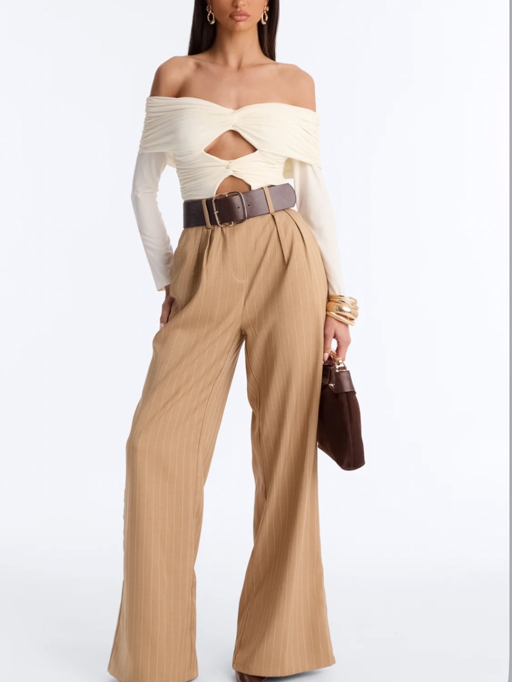 Fashion Nova Cream Off-Shoulder Twist Jumpsuit with Tan Pinstripe Pants